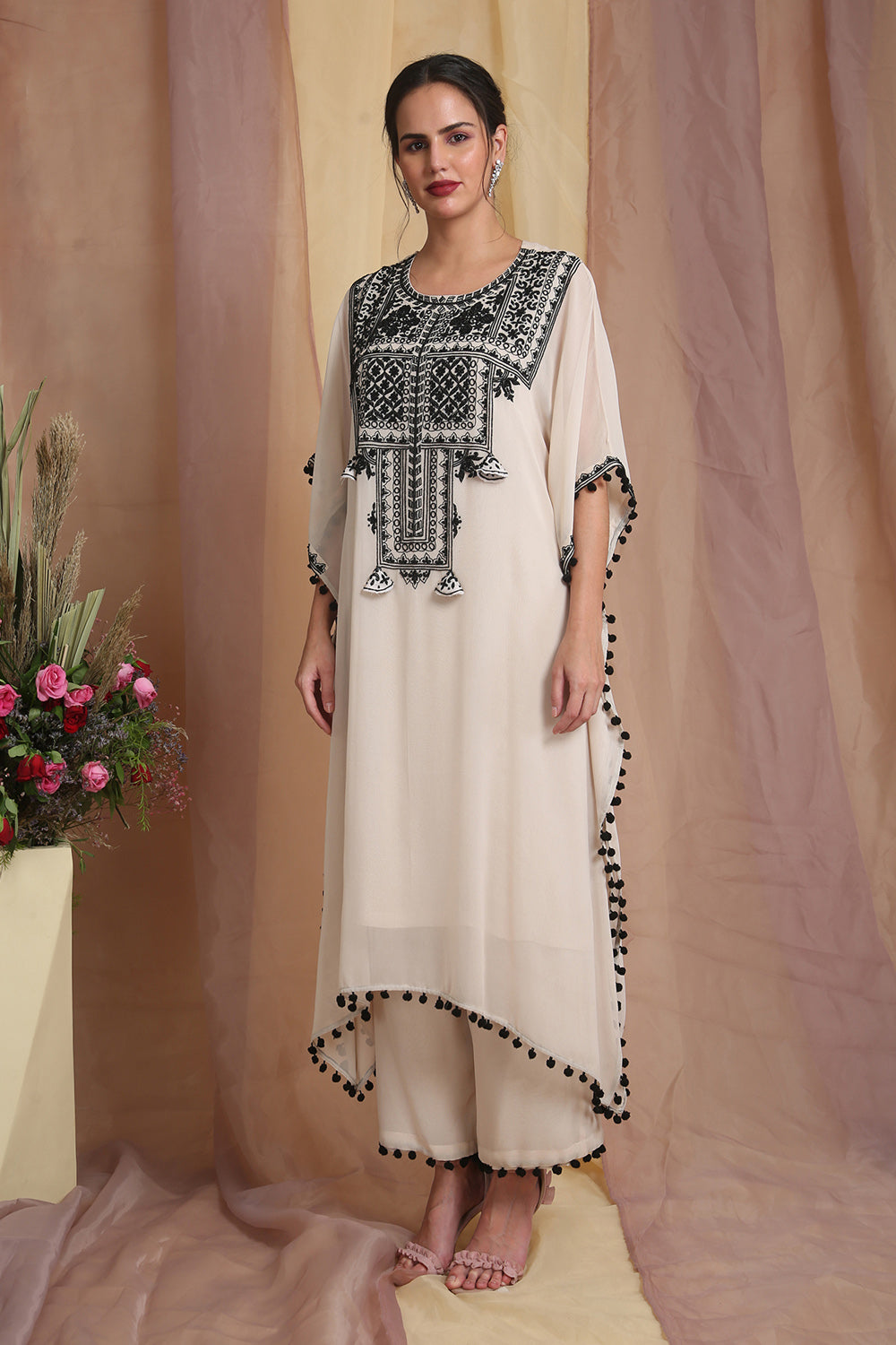 Ivory Embroidered Kaftan Set - Auraya Fashion 