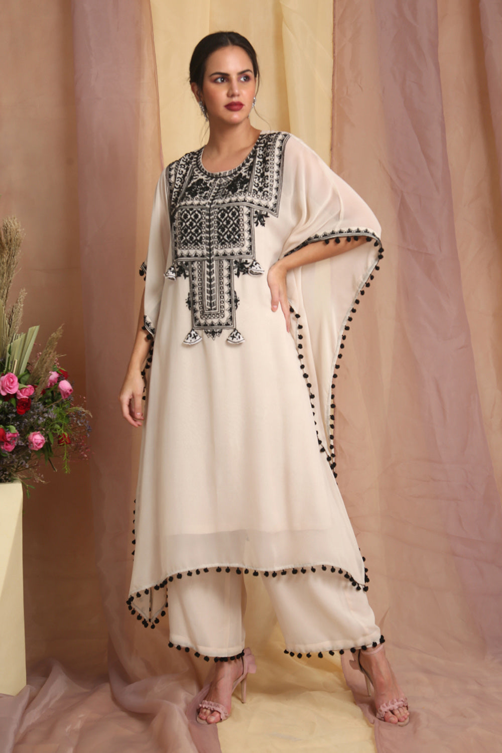 Ivory Embroidered Kaftan Set - Auraya Fashion - Miku Kumar - 