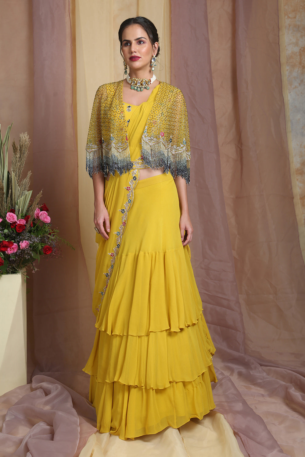 Yellow Cape Drape Lehenga Saree Set