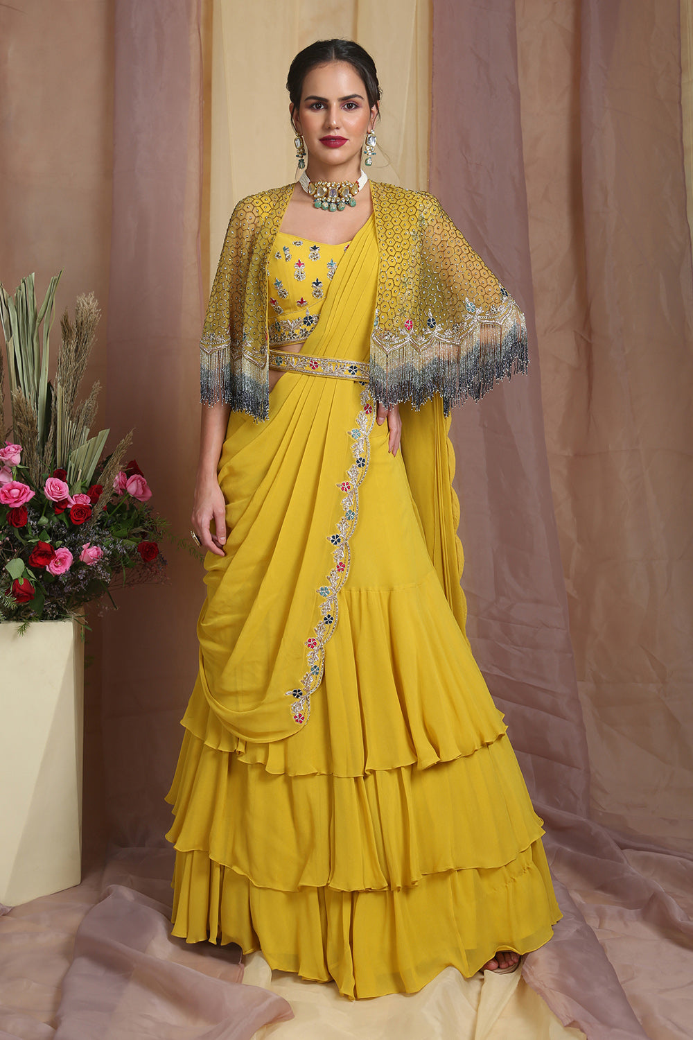 Yellow Cape Drape Lehenga Saree Set