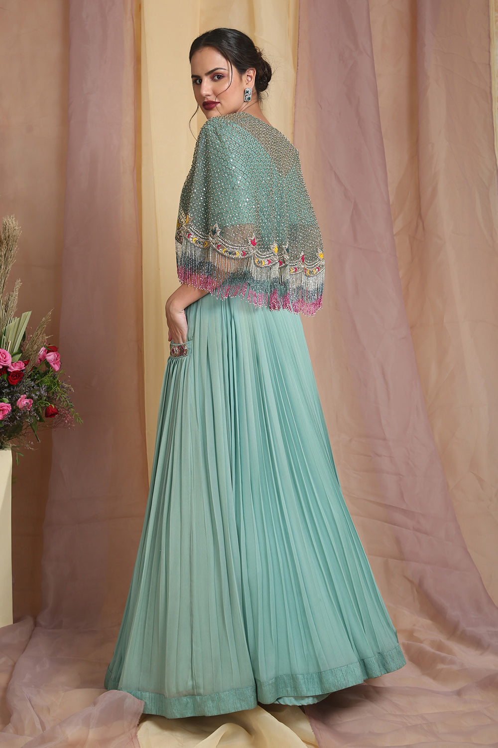 Sea Green Cape Drape Skirt Set - Auraya Fashion 