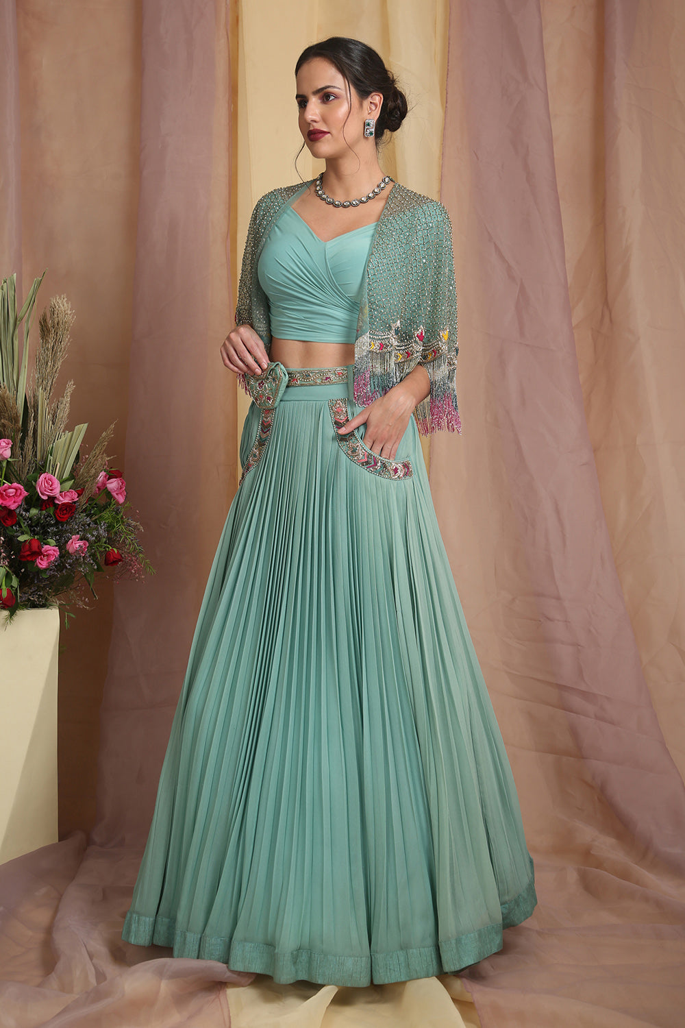 Sea Green Cape Drape Skirt Set - Auraya Fashion 