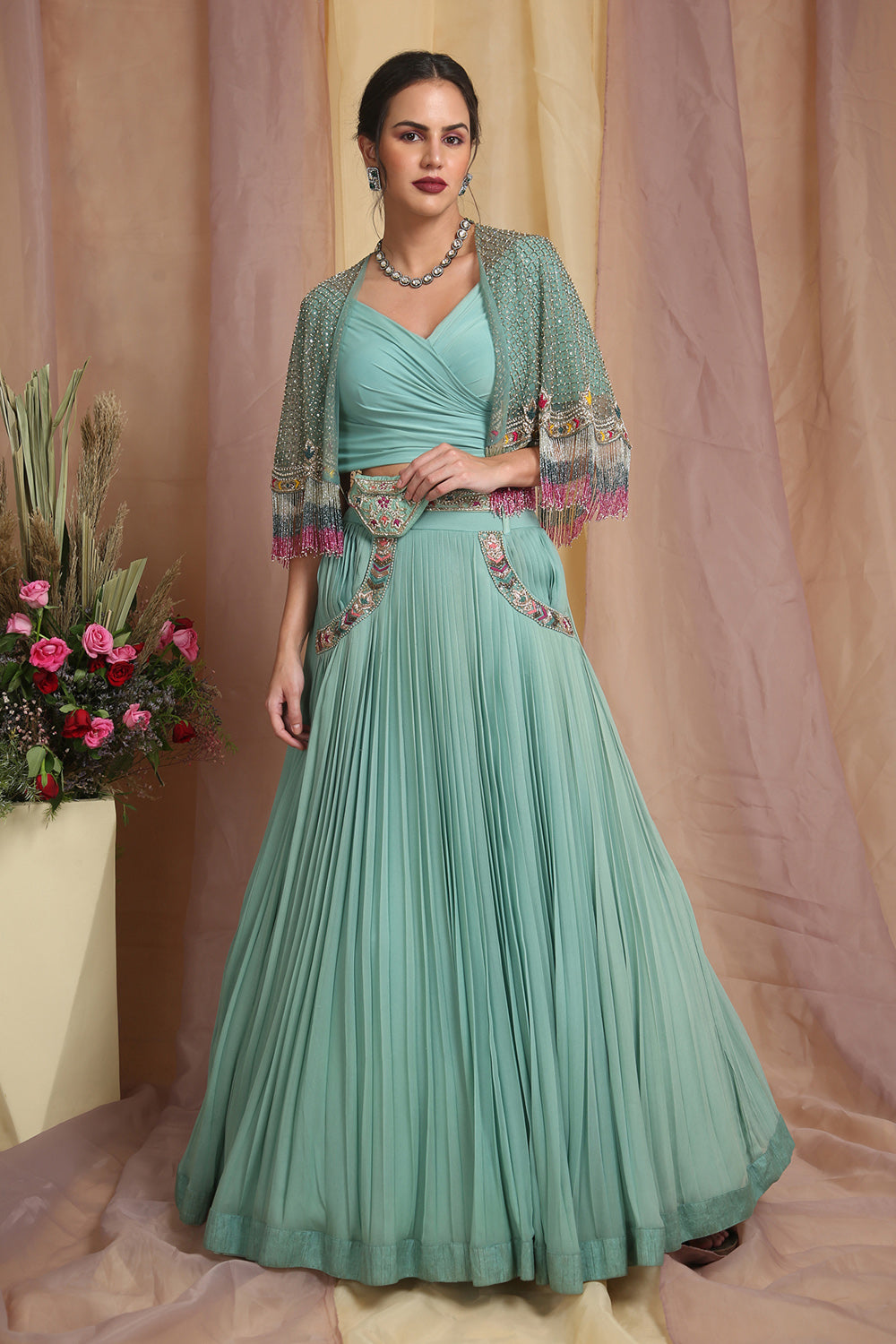 Sea Green Cape Drape Skirt Set - Auraya Fashion 