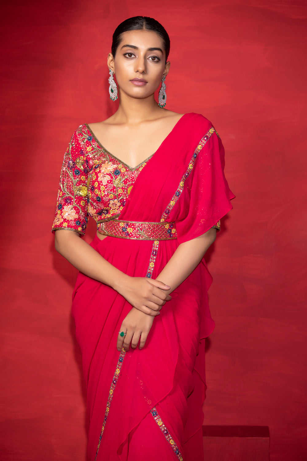 Ruffle Saree With Embroidered Blouse And Belt - Auraya Fashion 
