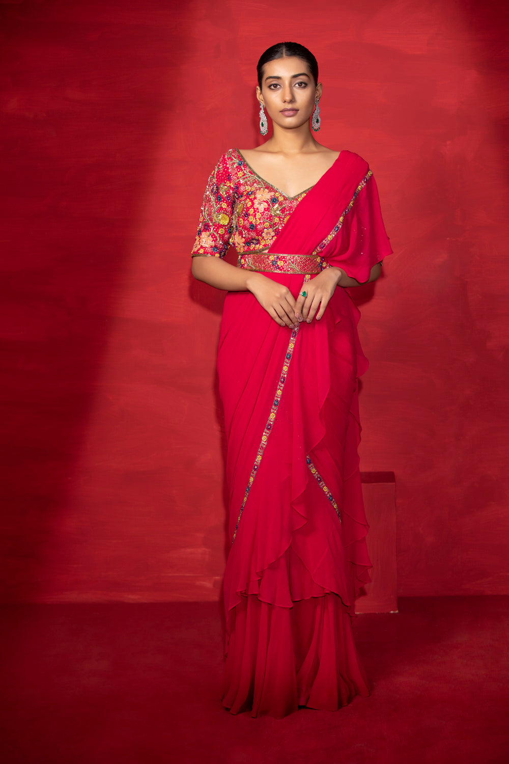 Ruffle Saree With Embroidered Blouse And Belt - Auraya Fashion - Miku Kumar - 