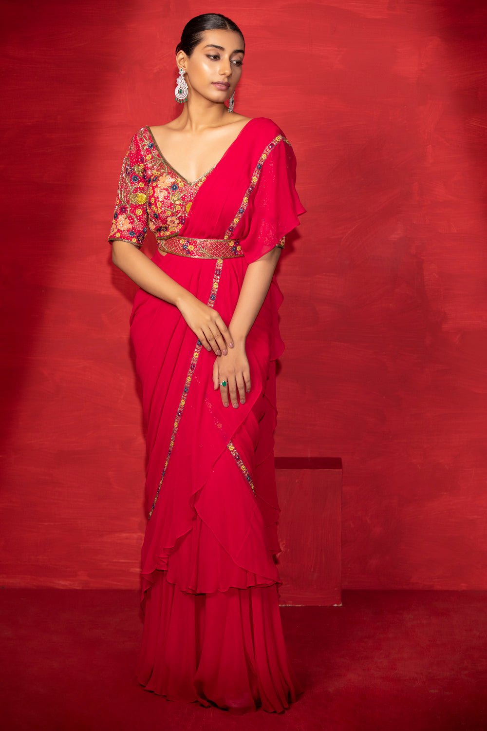 Ruffle Saree With Embroidered Blouse And Belt - Auraya Fashion 