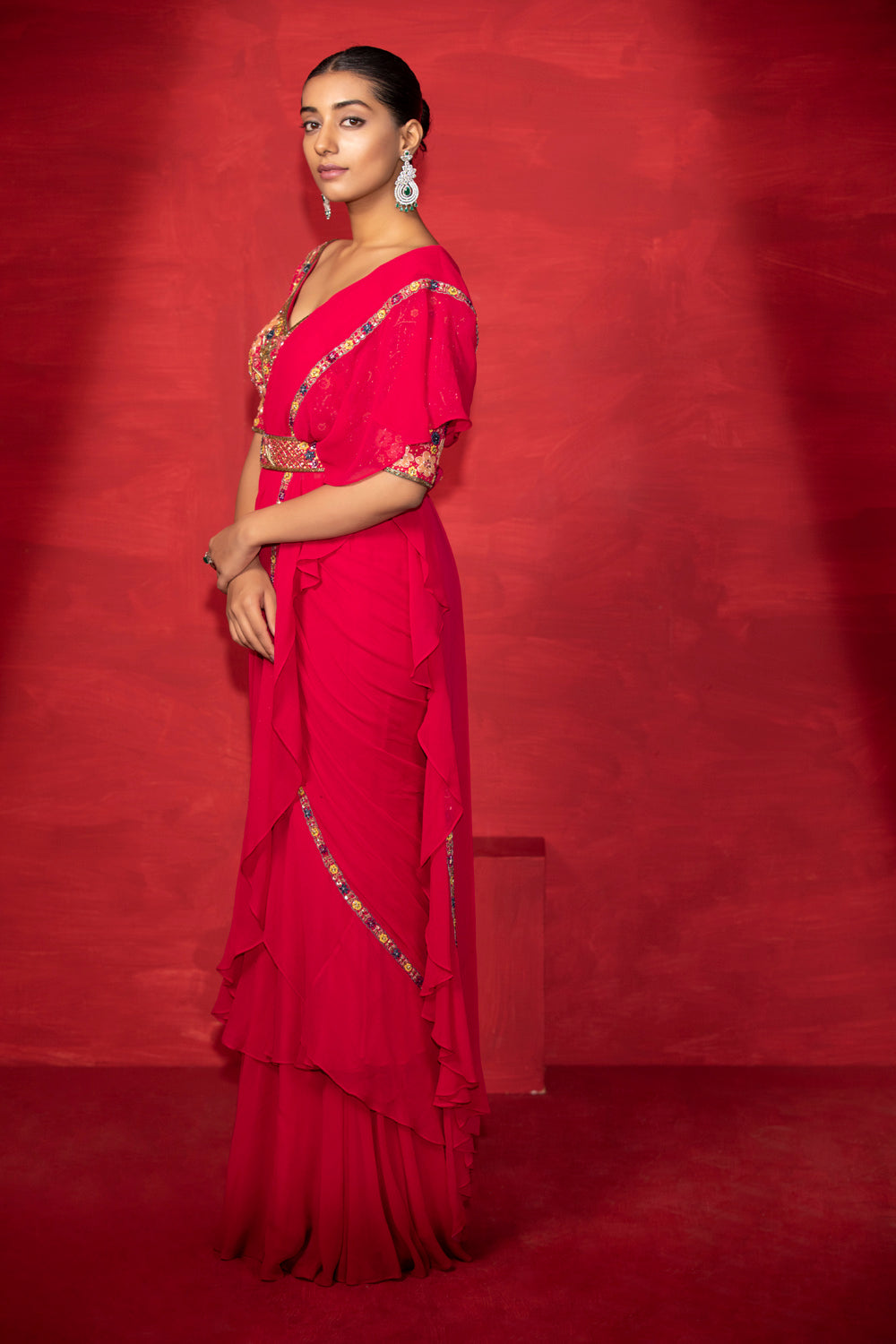 Ruffle Saree With Embroidered Blouse And Belt - Auraya Fashion 