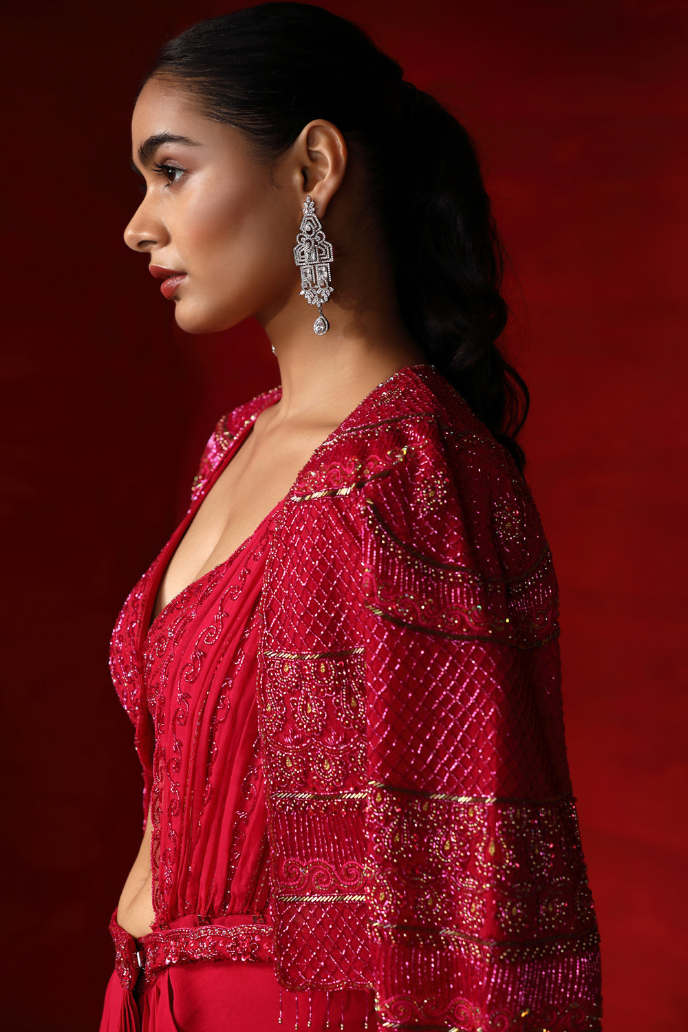 Drape Saree With Embroidered Cape And Choli - Auraya Fashion 