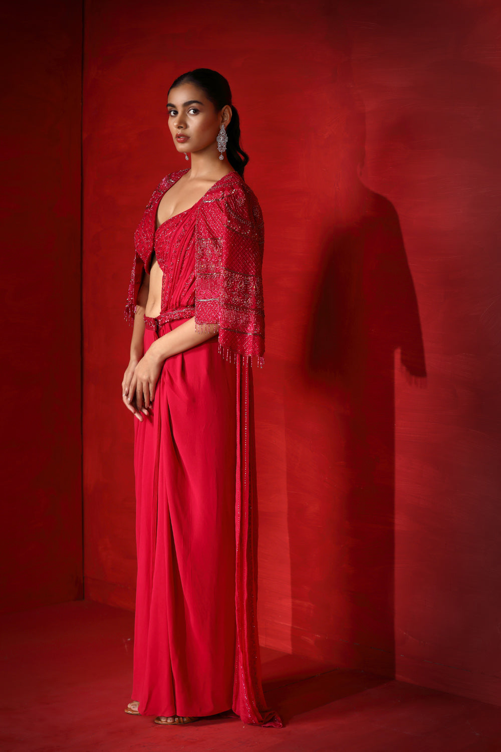 Drape Saree With Embroidered Cape And Choli - Auraya Fashion 