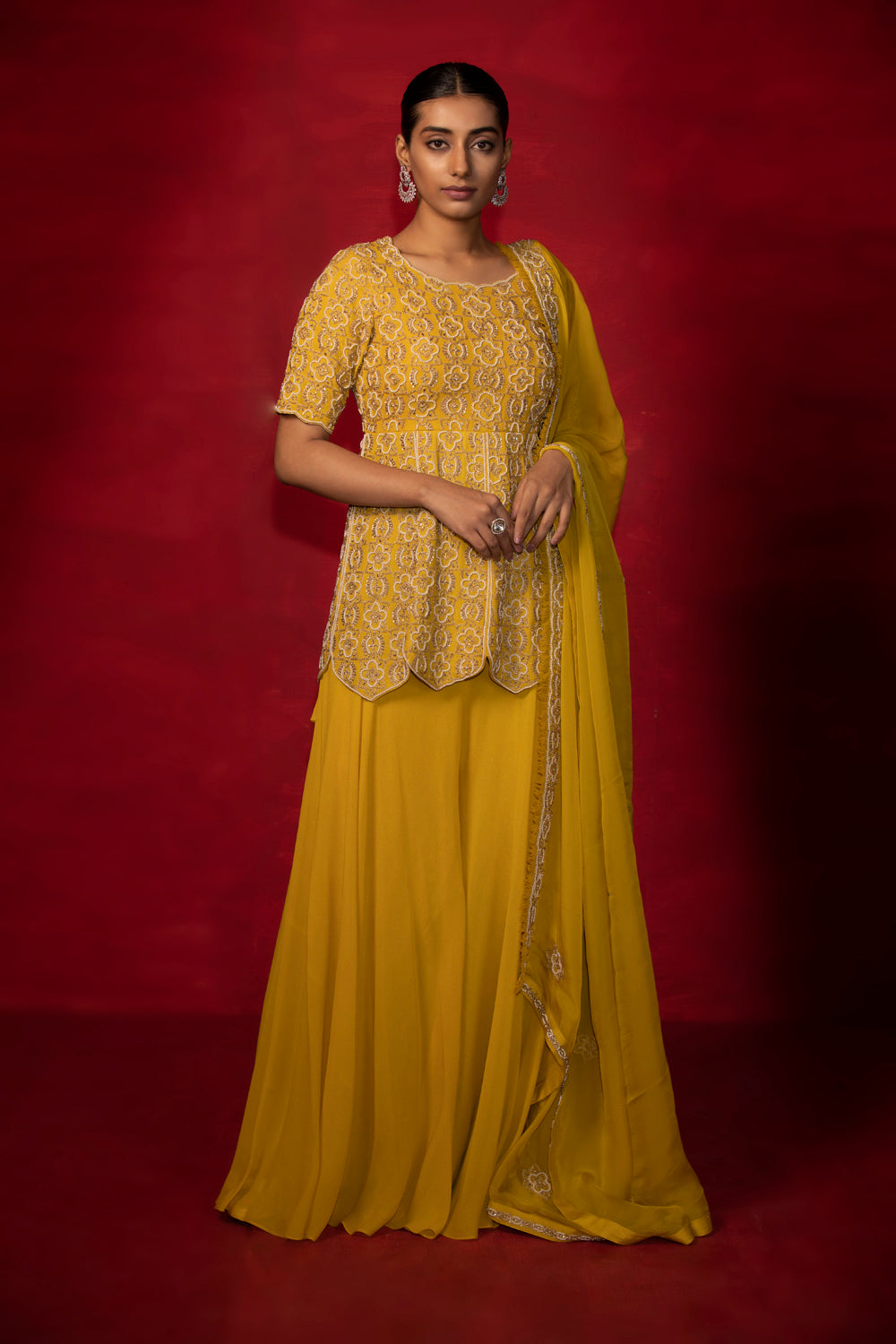 Yellow Embroidered Kurta With Gharara Set