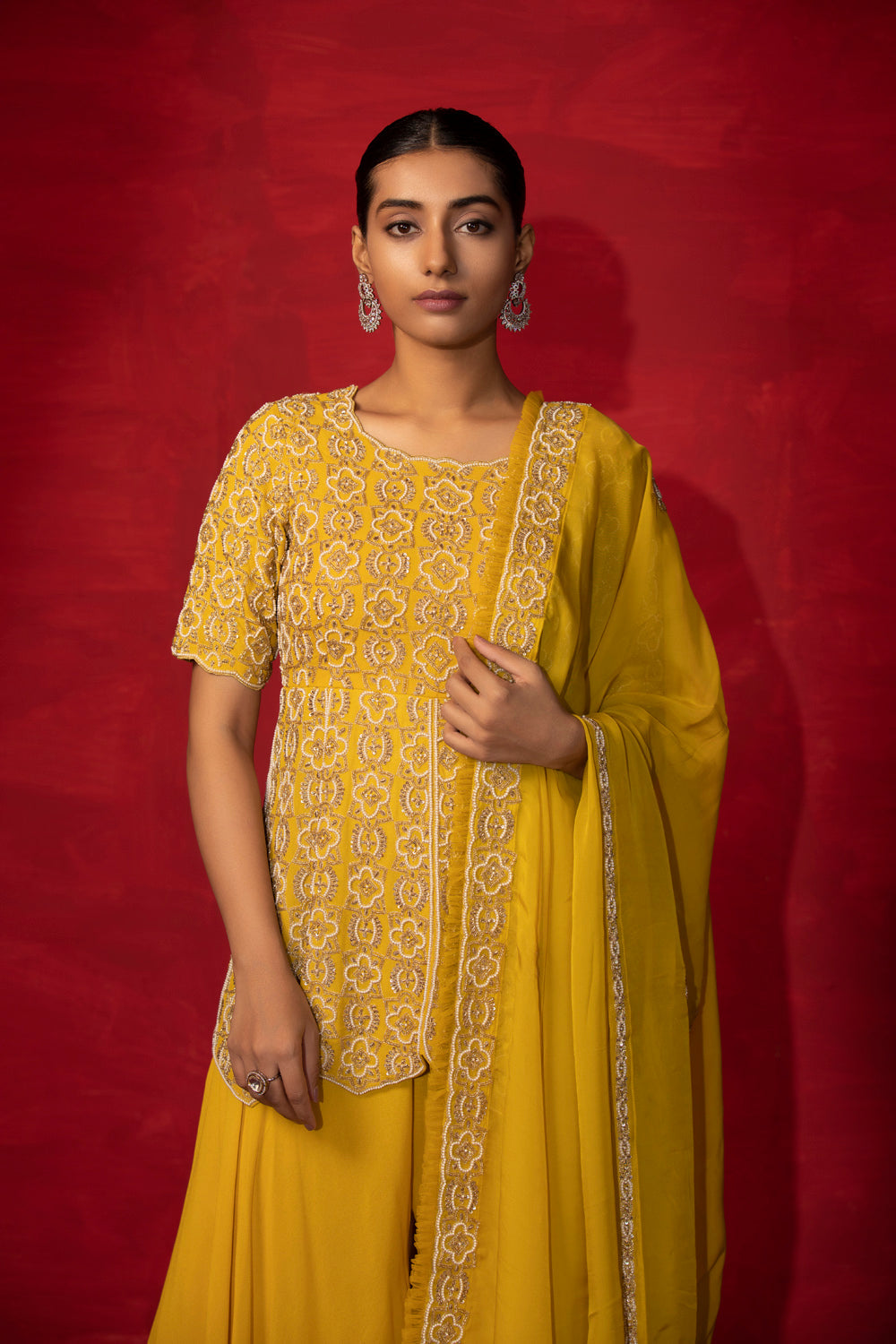 Yellow Embroidered Kurta With Gharara Set