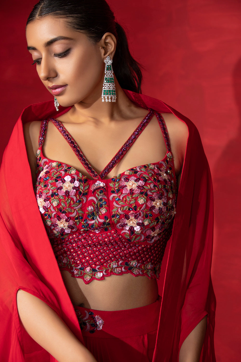 Cape With Drape Skirt And Embroidered Corset - Auraya Fashion 