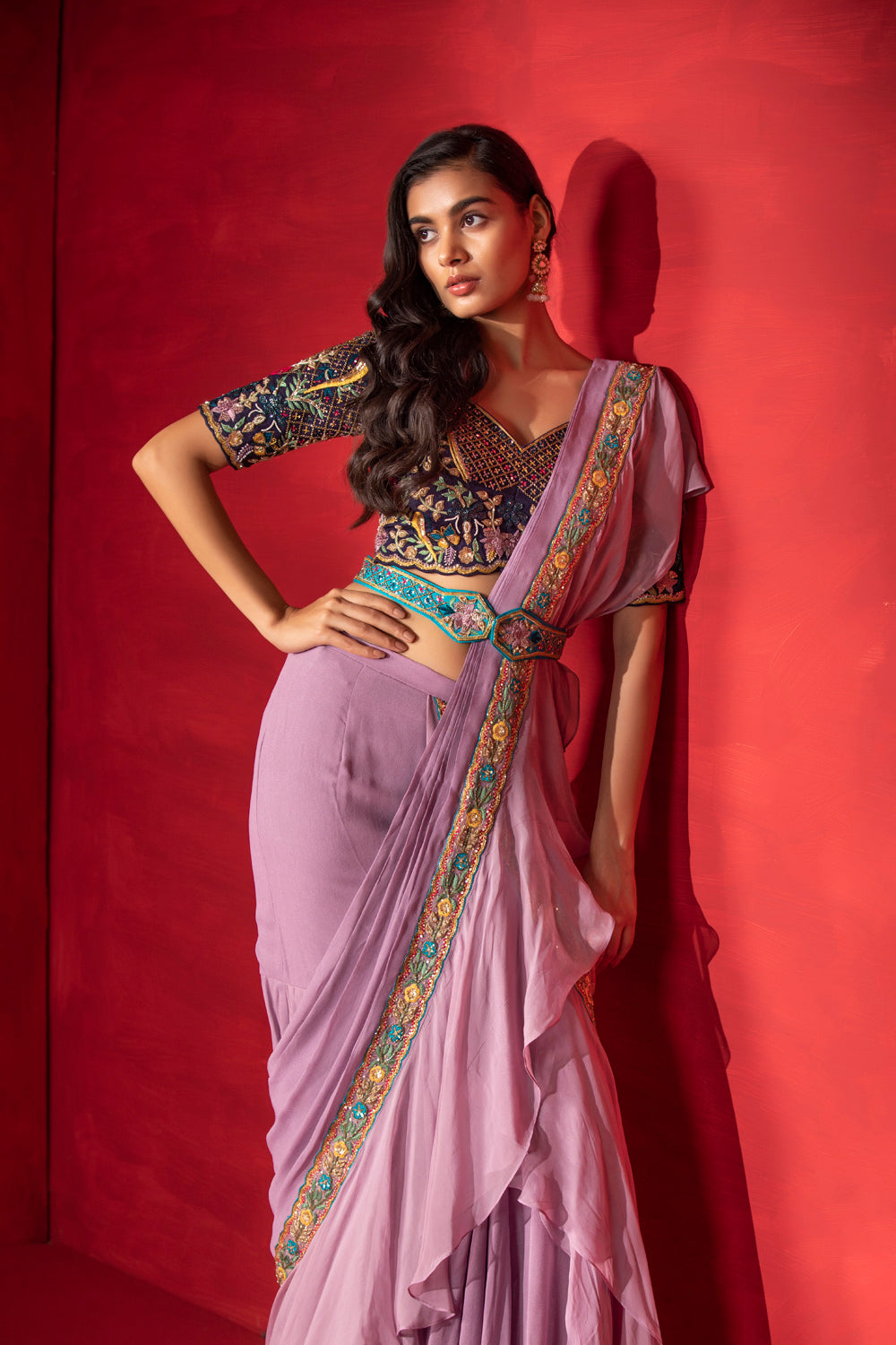 Cera Ruffle Drape Saree - Auraya Fashion 