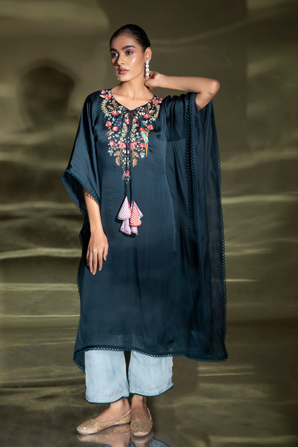 Cerulean Embroidered Kaftan With Plazo - Auraya Fashion 