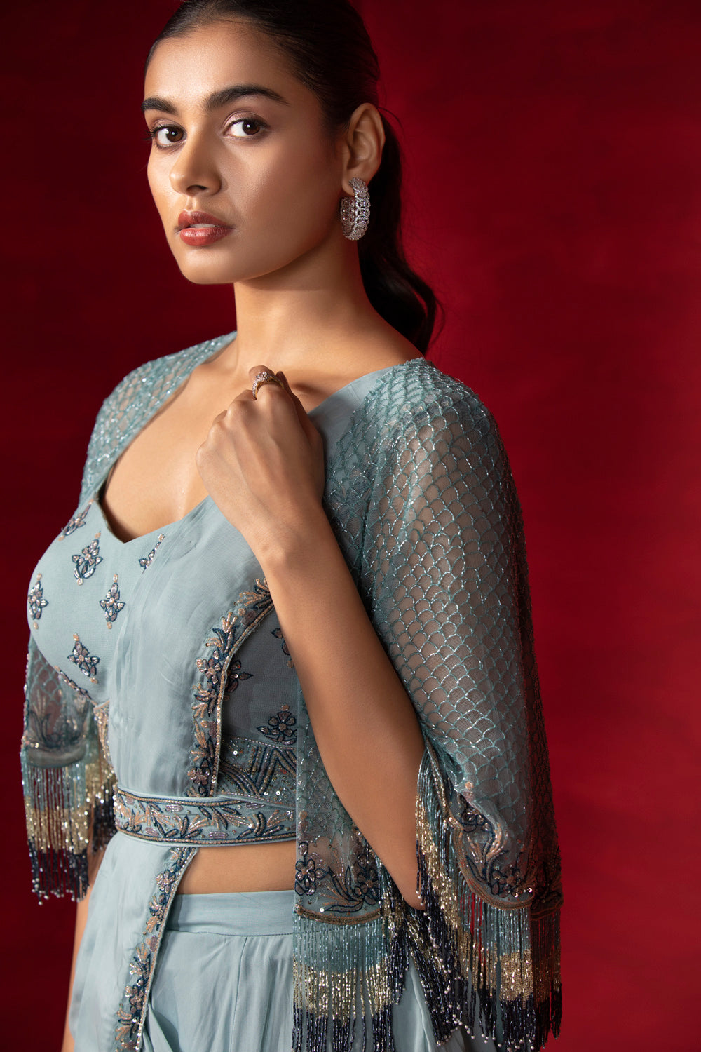 Shasha Fringes Cape Saree - Auraya Fashion 