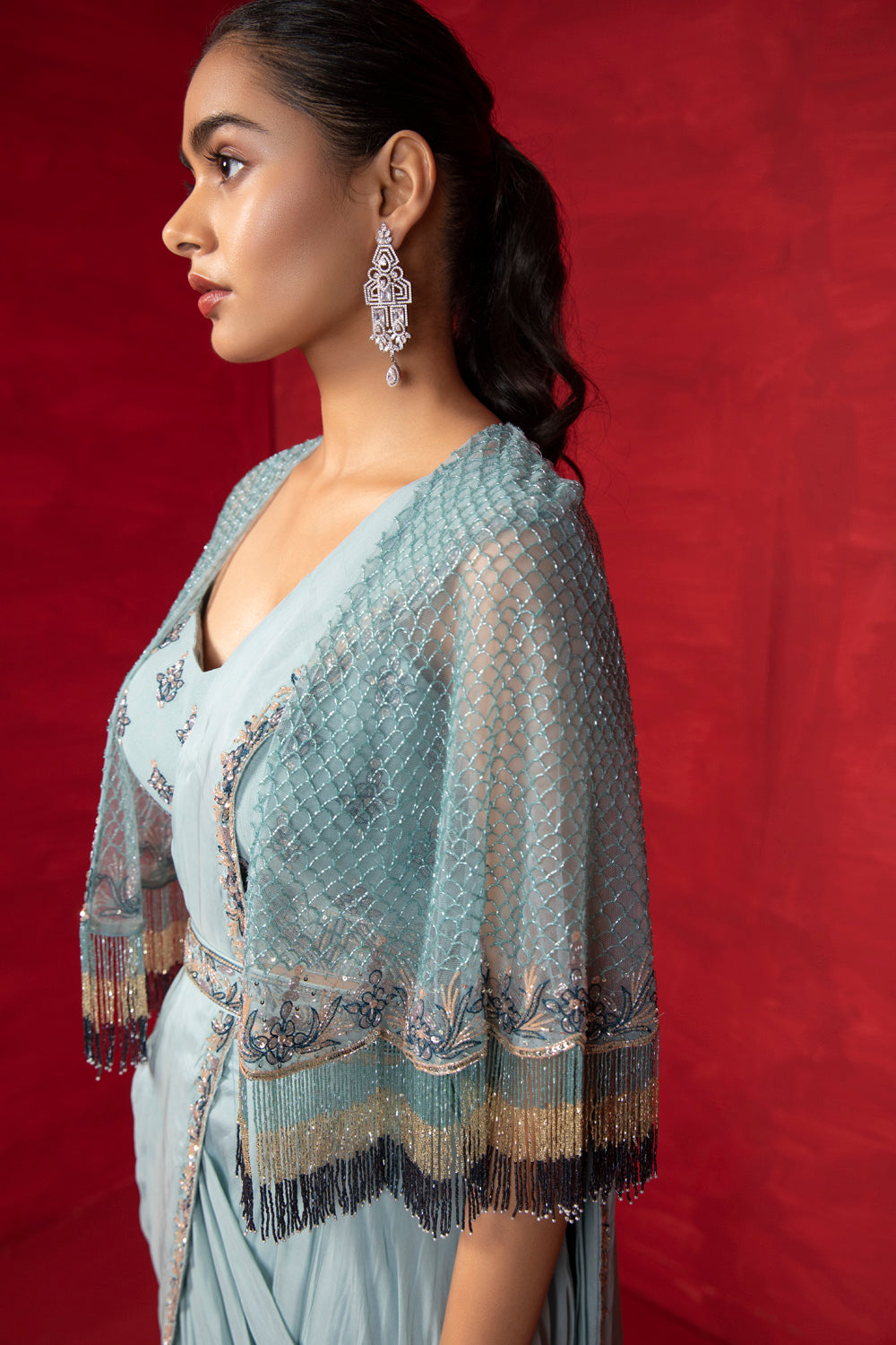 Shasha Fringes Cape Saree - Auraya Fashion 