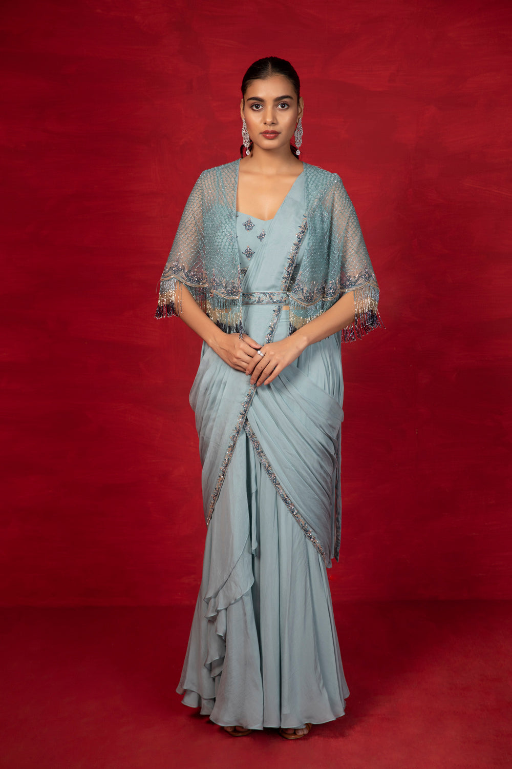 Shasha Fringes Cape Saree - Auraya Fashion - Miku Kumar - 