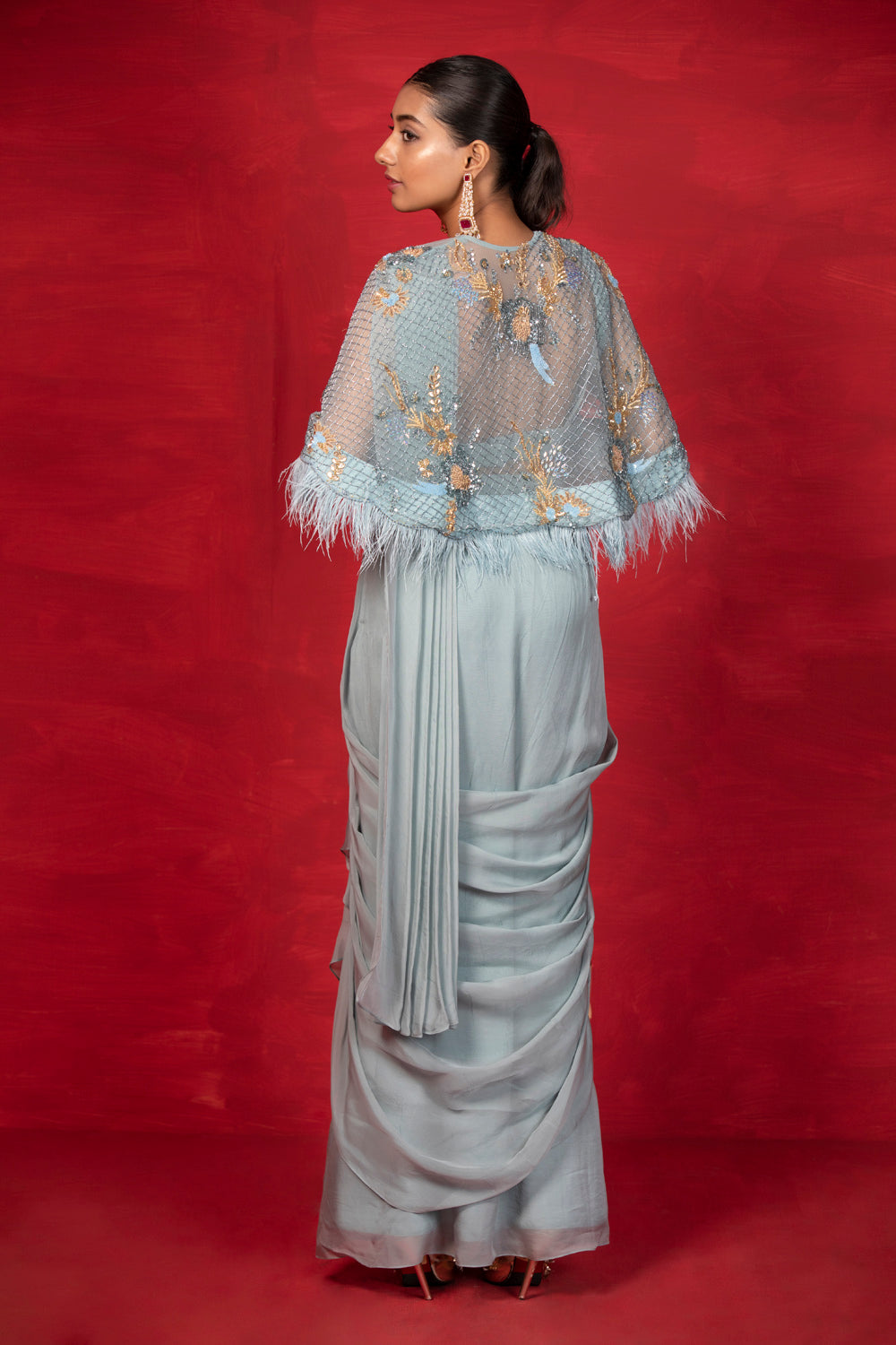 Casa Feather Cape Saree - Auraya Fashion 