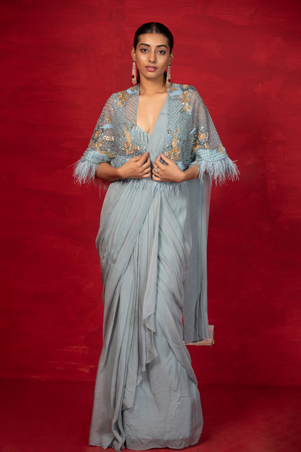 Casa Feather Cape Saree - Auraya Fashion - Miku Kumar - 