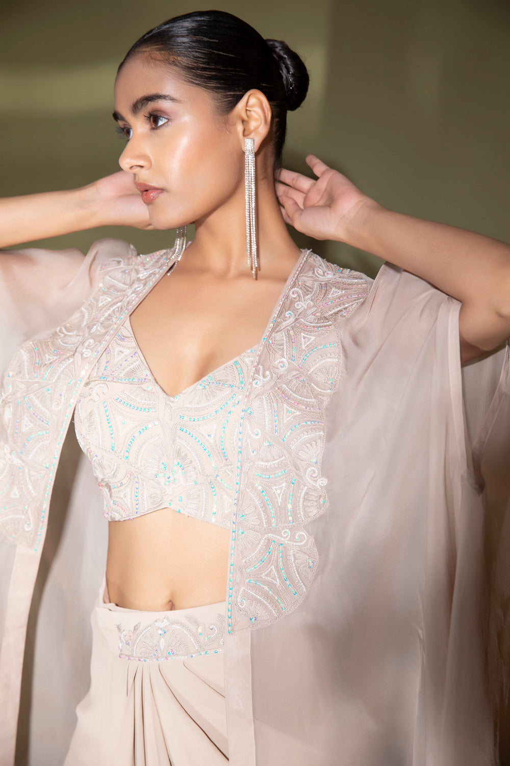 Astrea Embroidered Corset Woth Drape Skirt And Cape - Auraya Fashion 