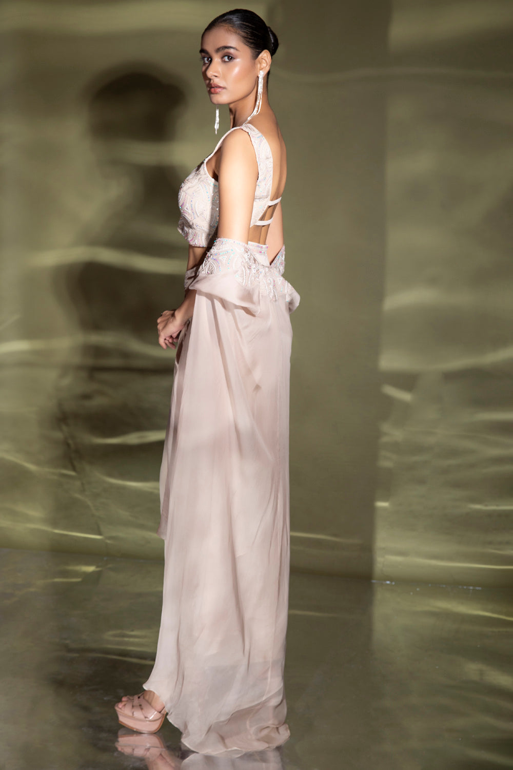 Astrea Embroidered Corset Woth Drape Skirt And Cape - Auraya Fashion 
