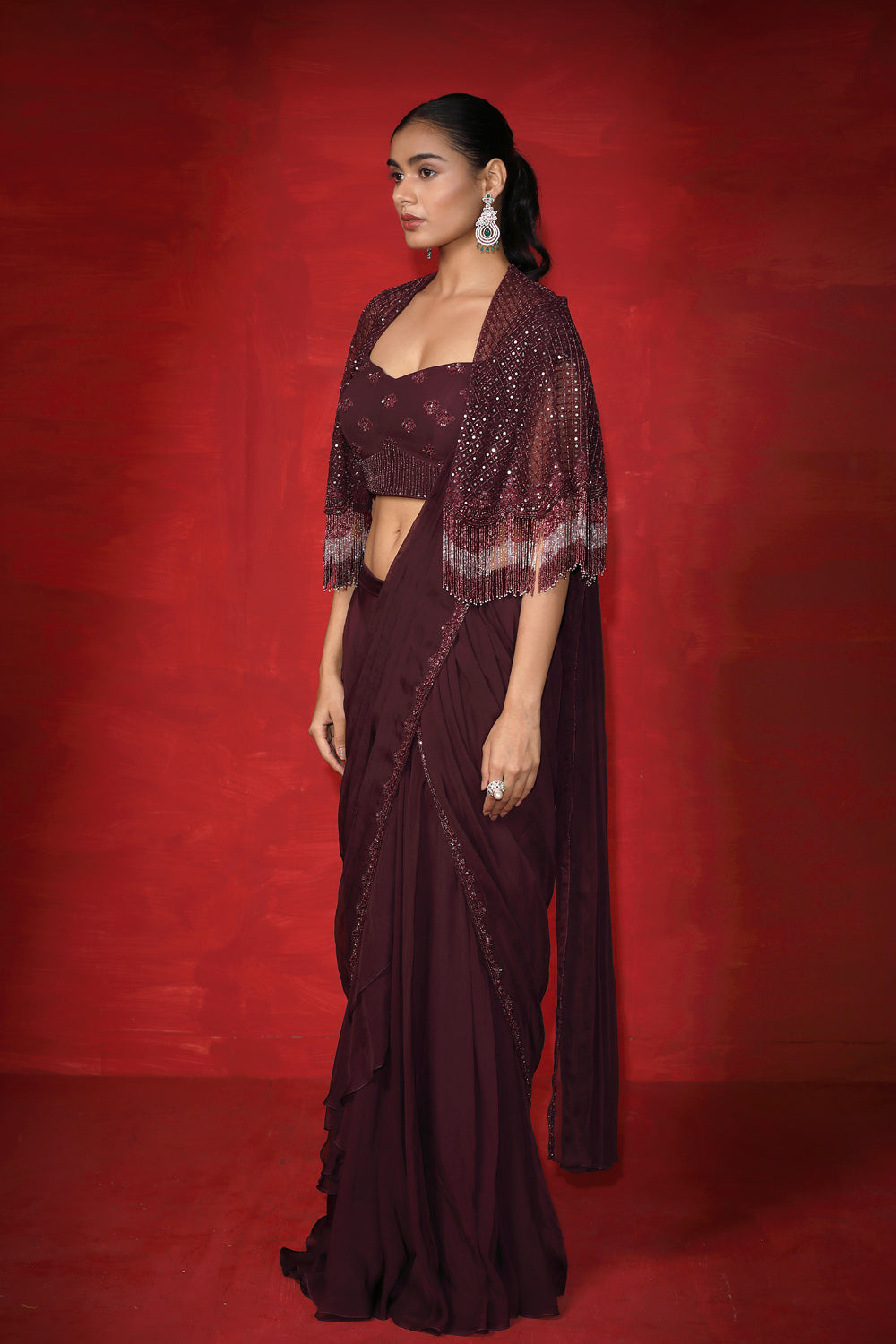 Arcane Drape Saree With Embroidered Cape - Auraya Fashion 