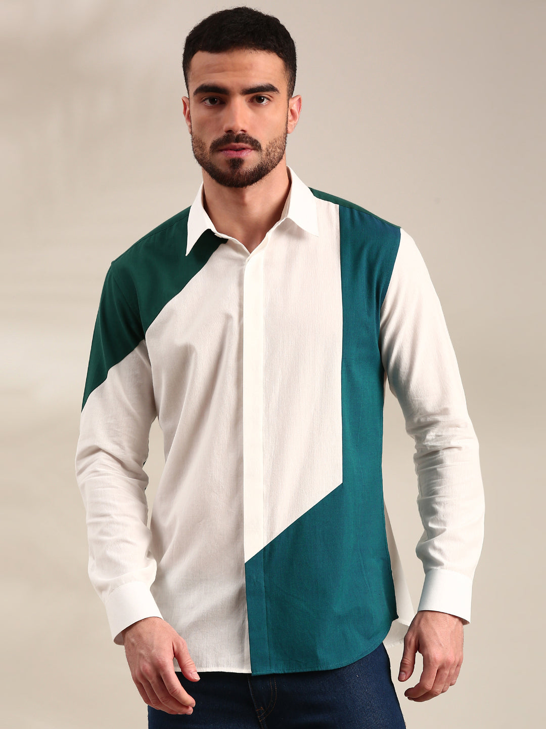 White , Green & Blue  Panelled Cotton Shirt