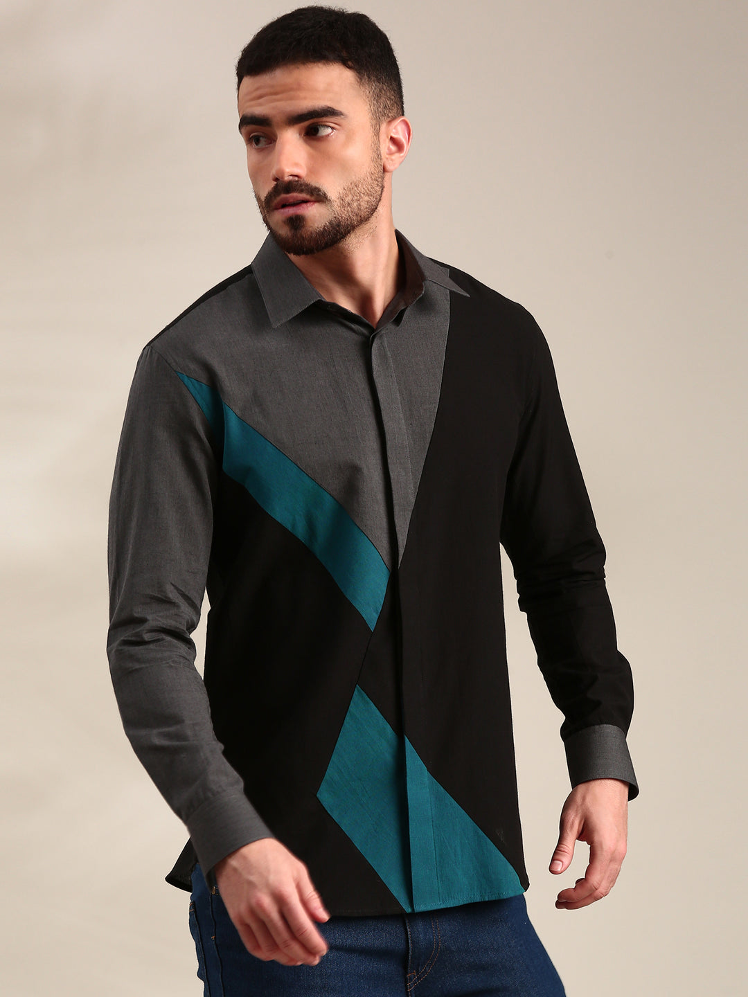 Black, Charcoal Grey & Light Grey Panelled Cotton Shirt