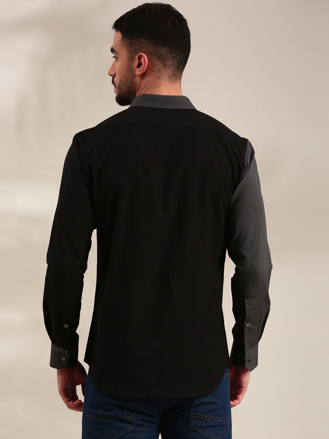Black, Charcoal Grey & Light Grey Panelled Cotton Shirt