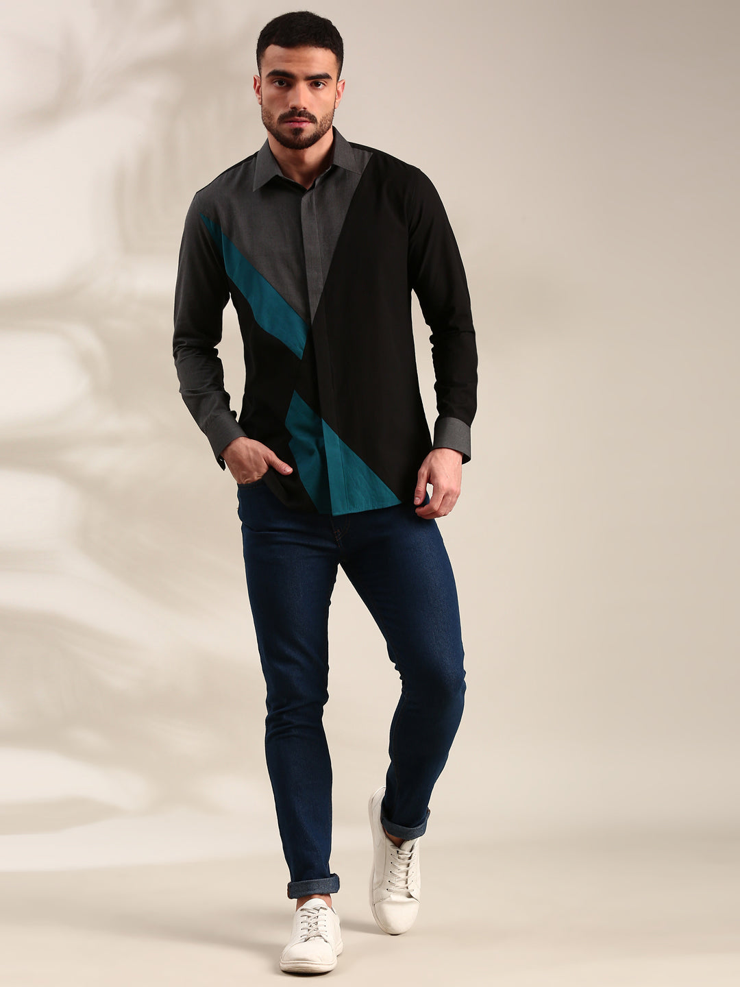 Black, Charcoal Grey & Light Grey Panelled Cotton Shirt