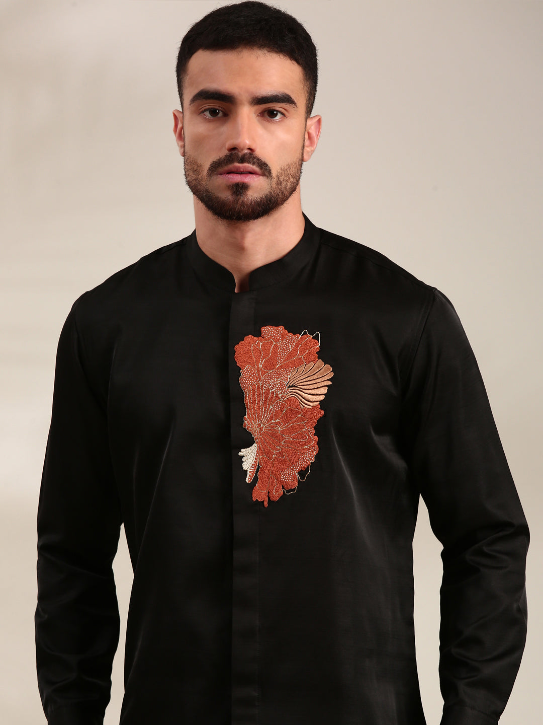 Black Slub Silk Embroidered Shirt