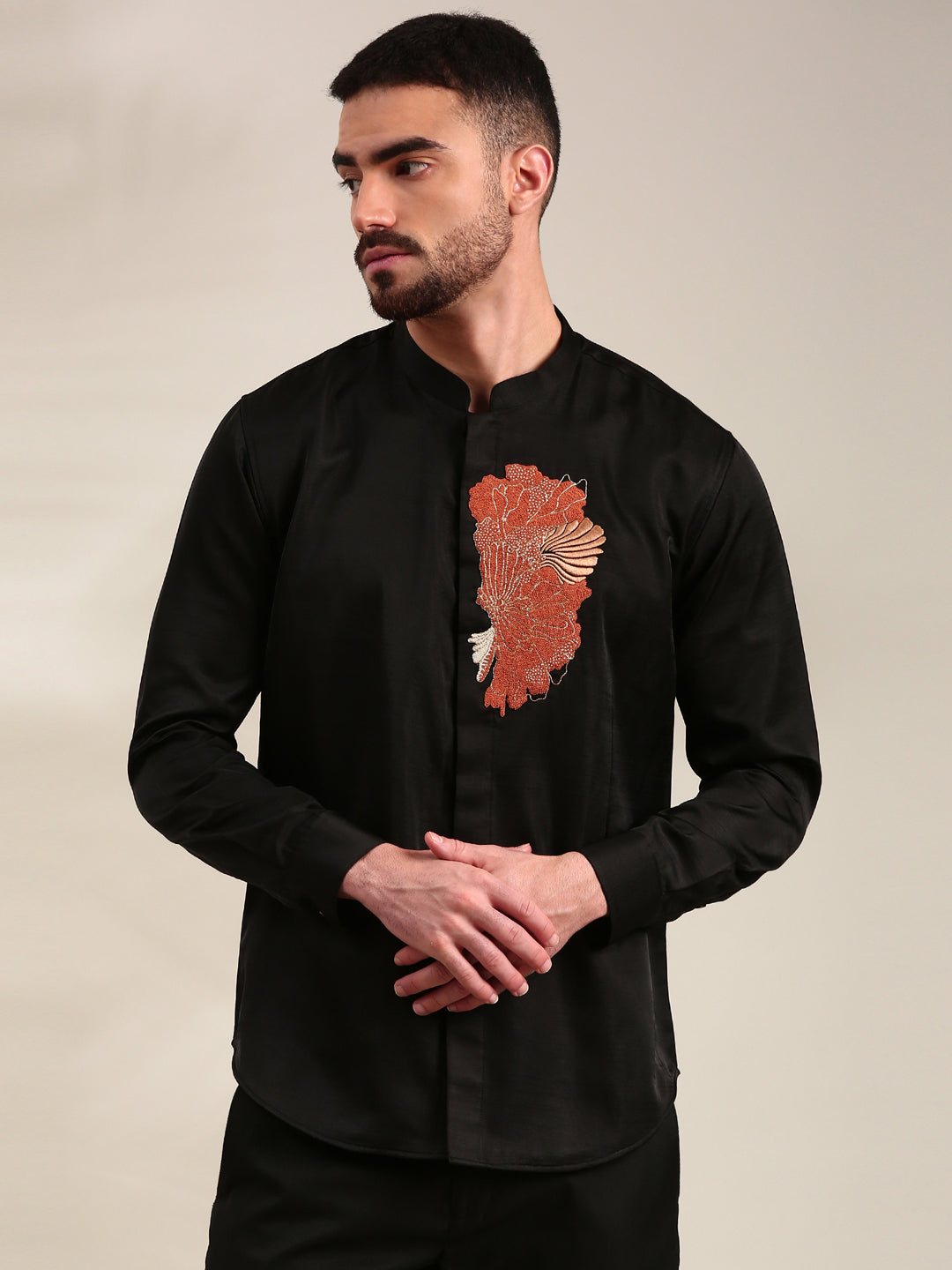 Black Slub Silk Embroidered Shirt