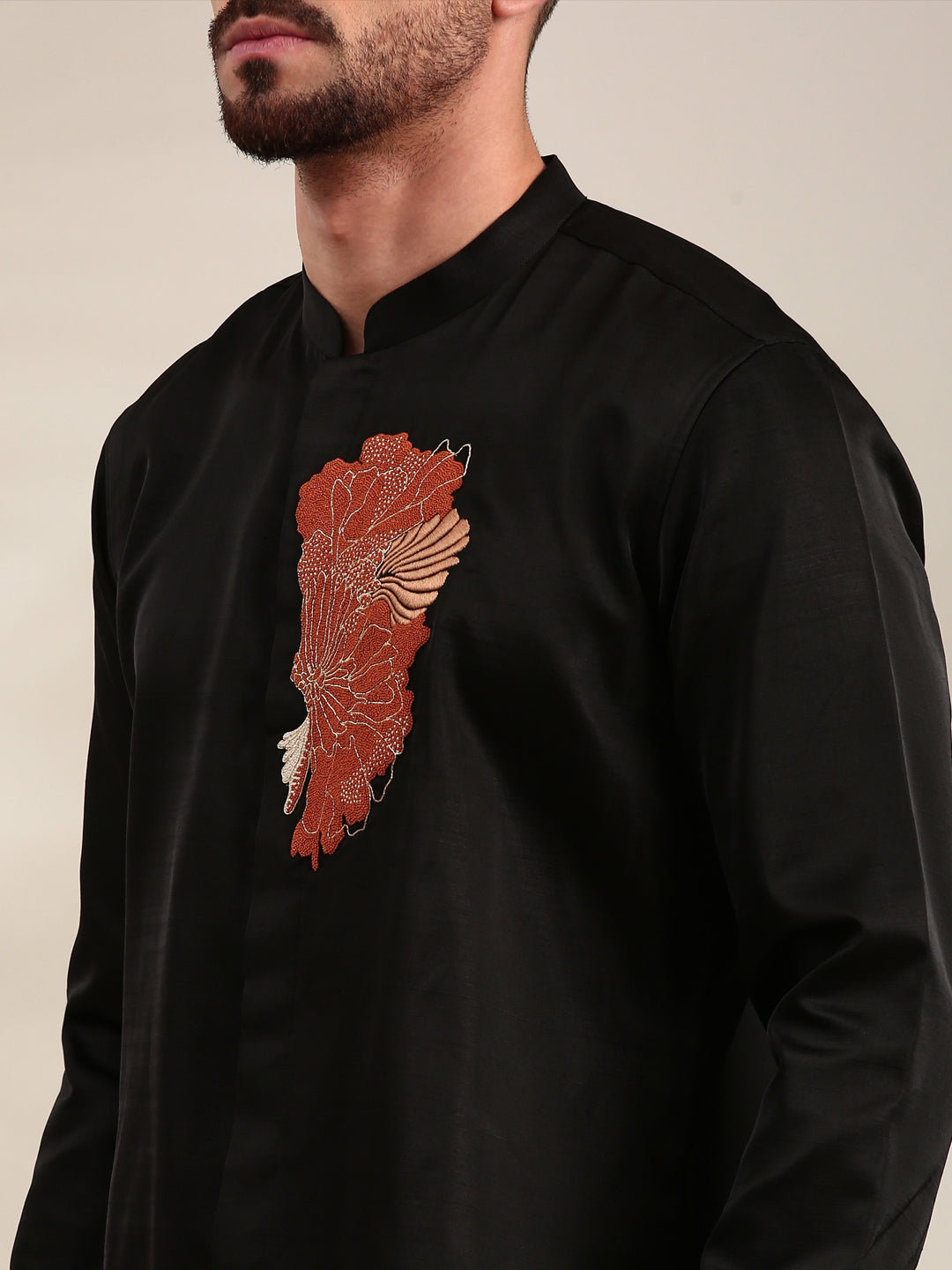 Black Slub Silk Embroidered Shirt