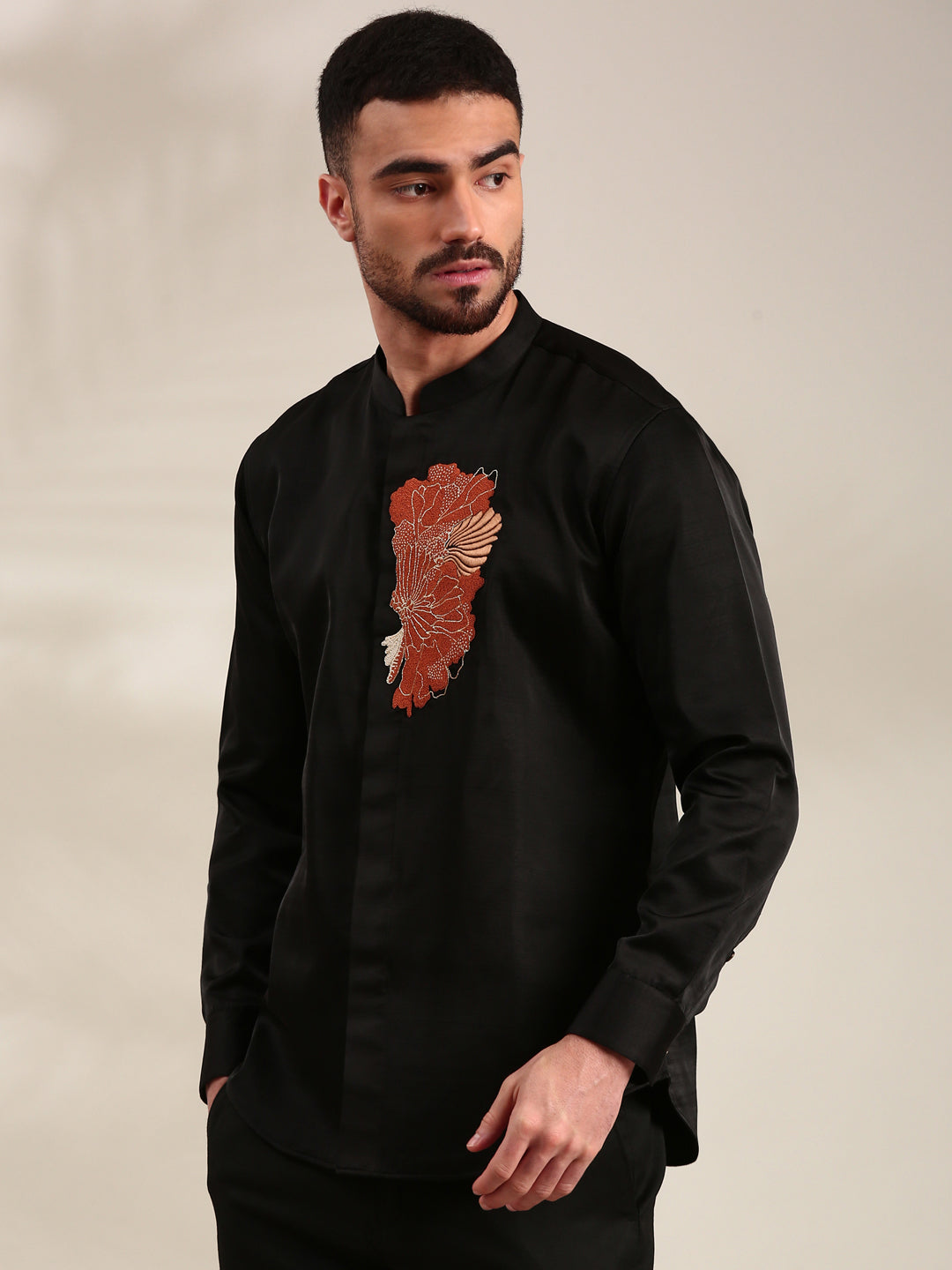 Black Slub Silk Embroidered Shirt