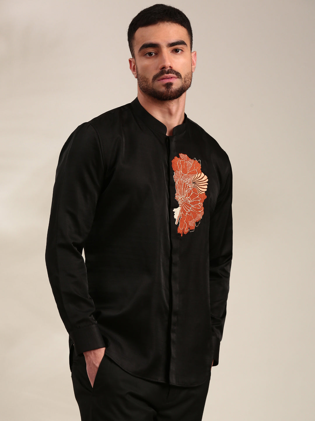 Black Slub Silk Embroidered Shirt