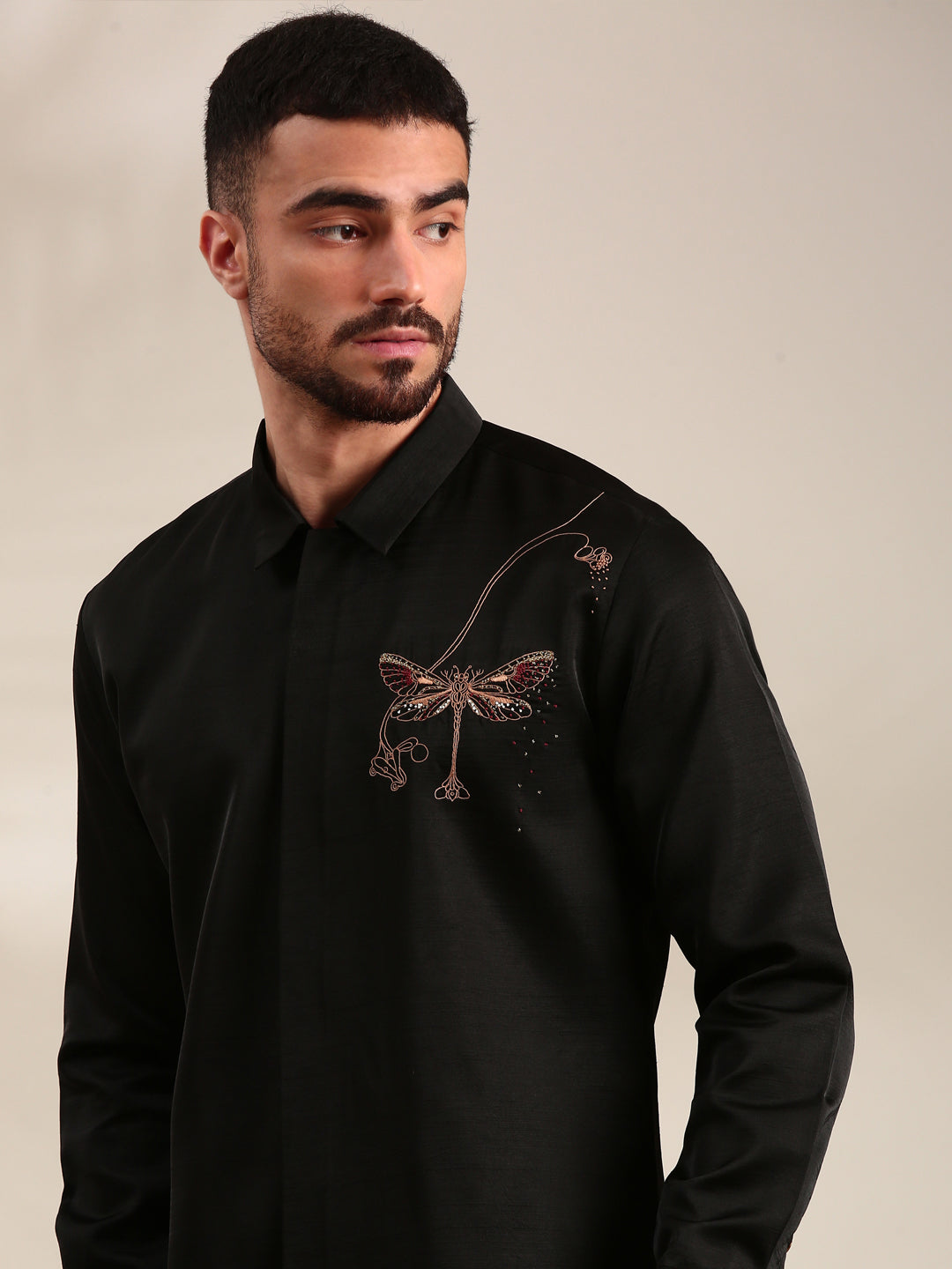 Black Slub Silk Embroidered Shirt