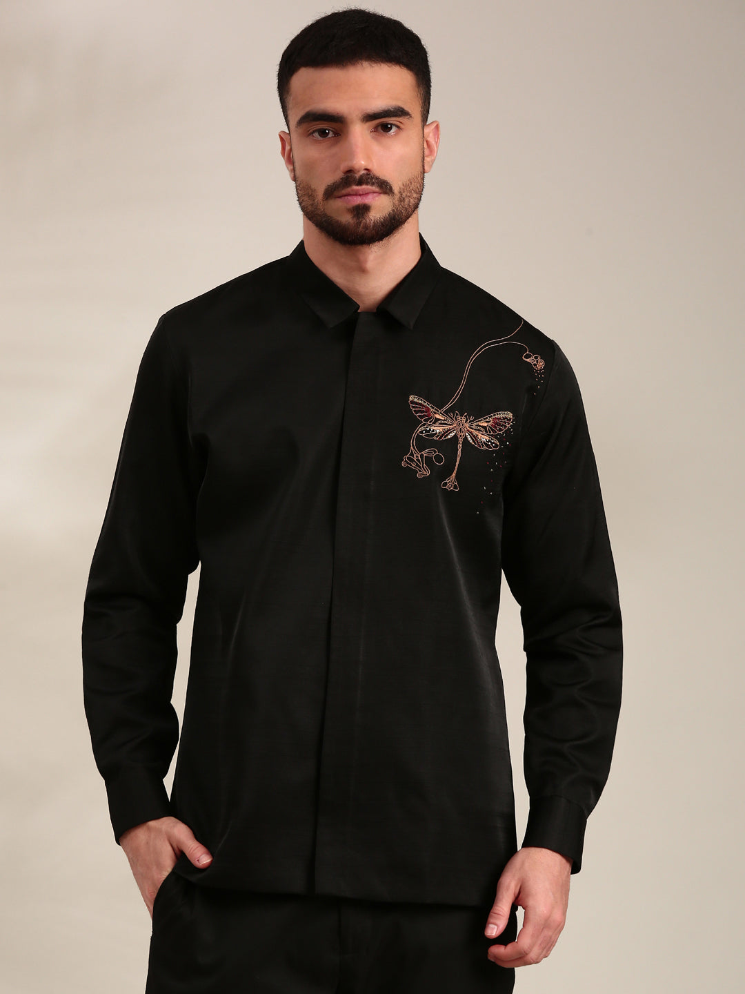 Black Slub Silk Embroidered Shirt