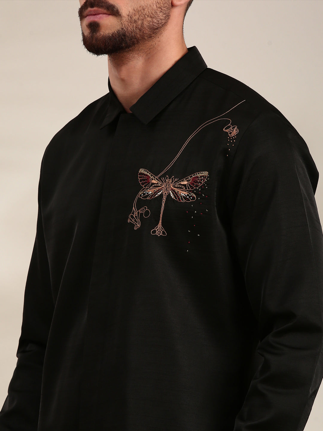 Black Slub Silk Embroidered Shirt