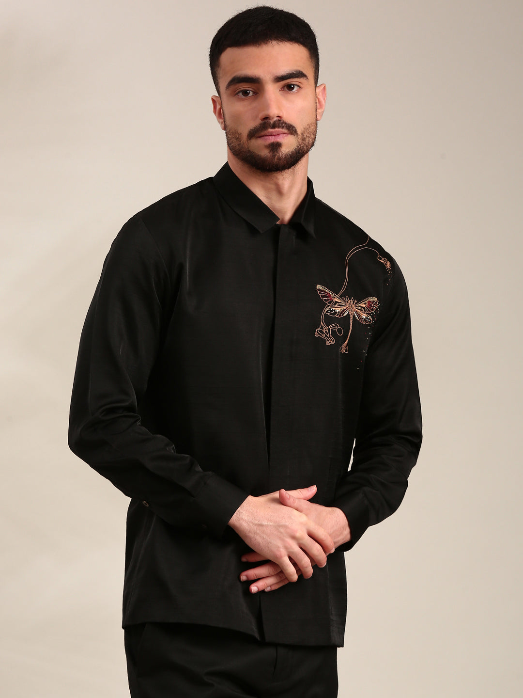 Black Slub Silk Embroidered Shirt