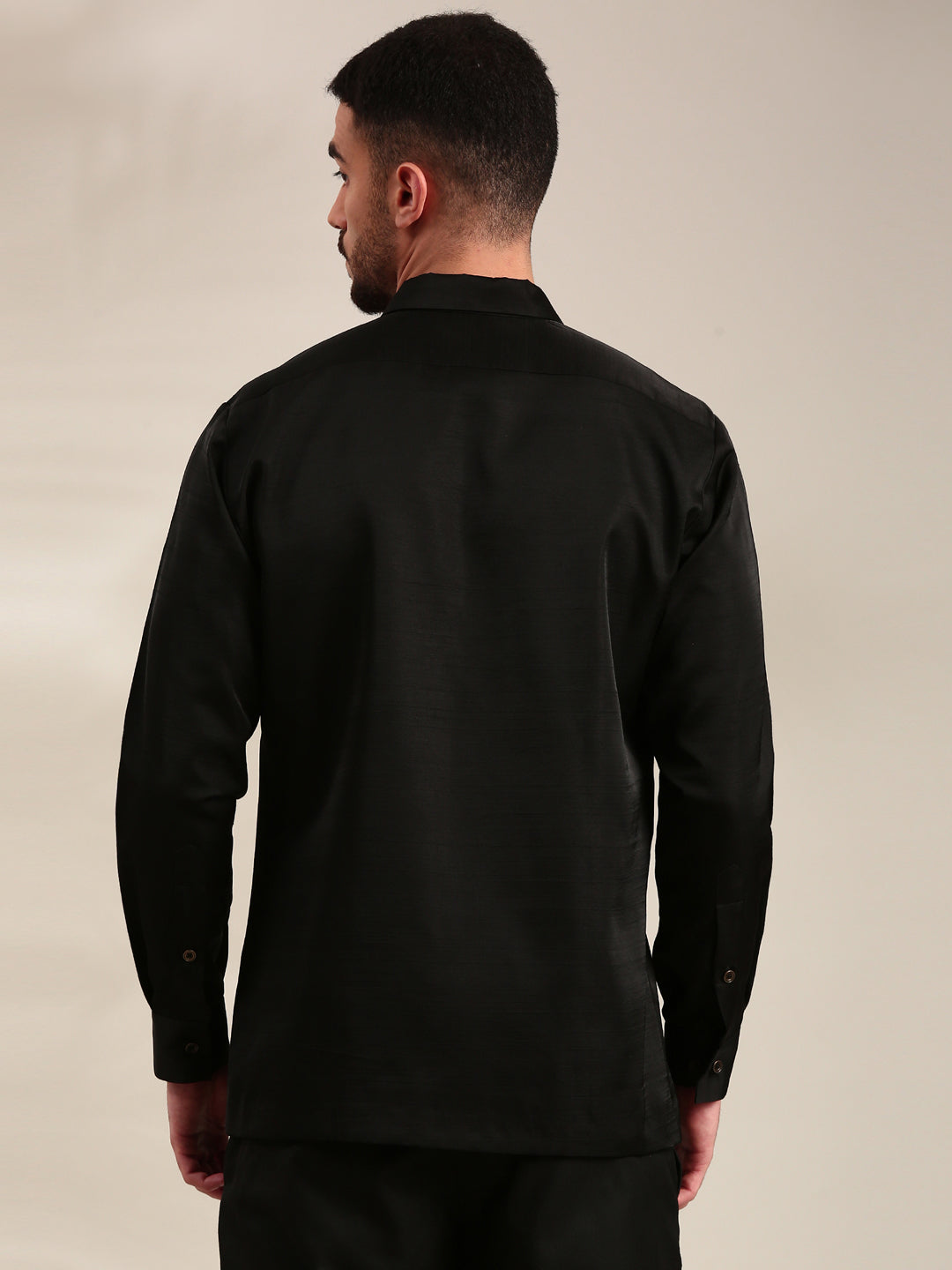 Black Slub Silk Embroidered Shirt