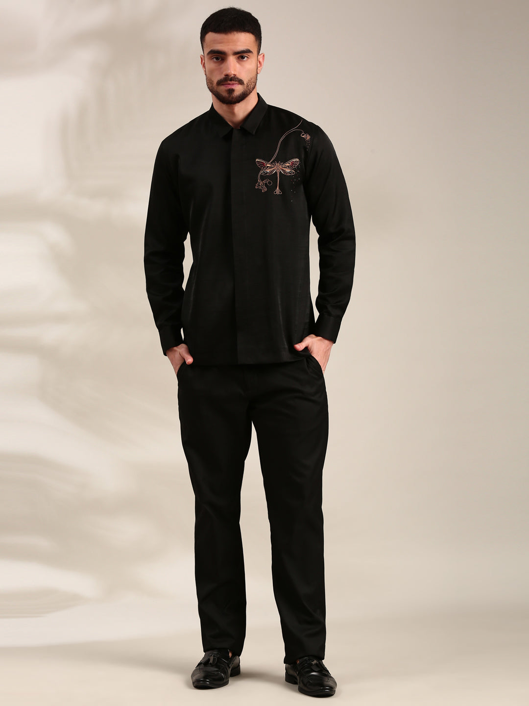 Black Slub Silk Embroidered Shirt