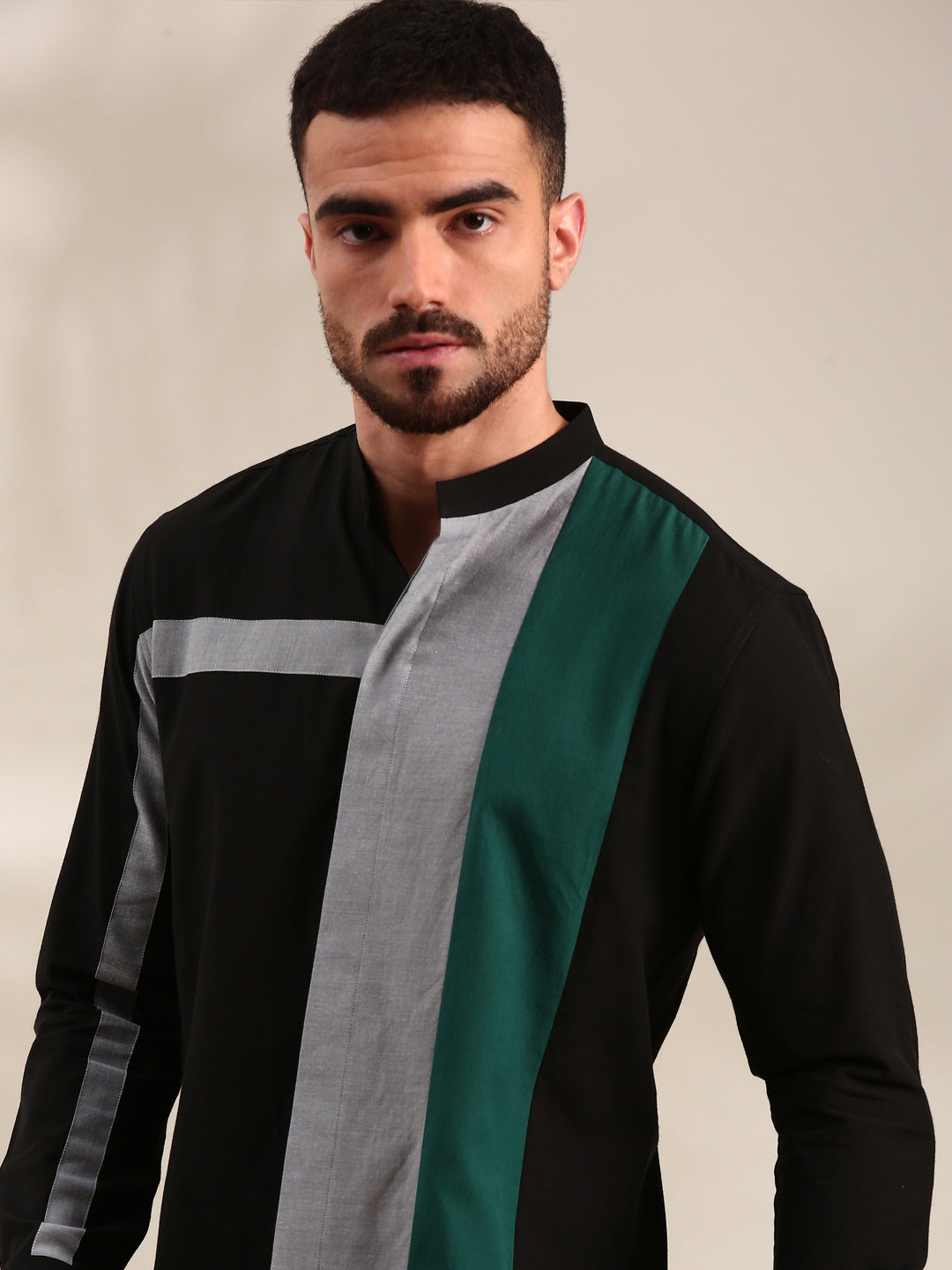 Black, Green & Light Grey Panelled Cotton Shirt
