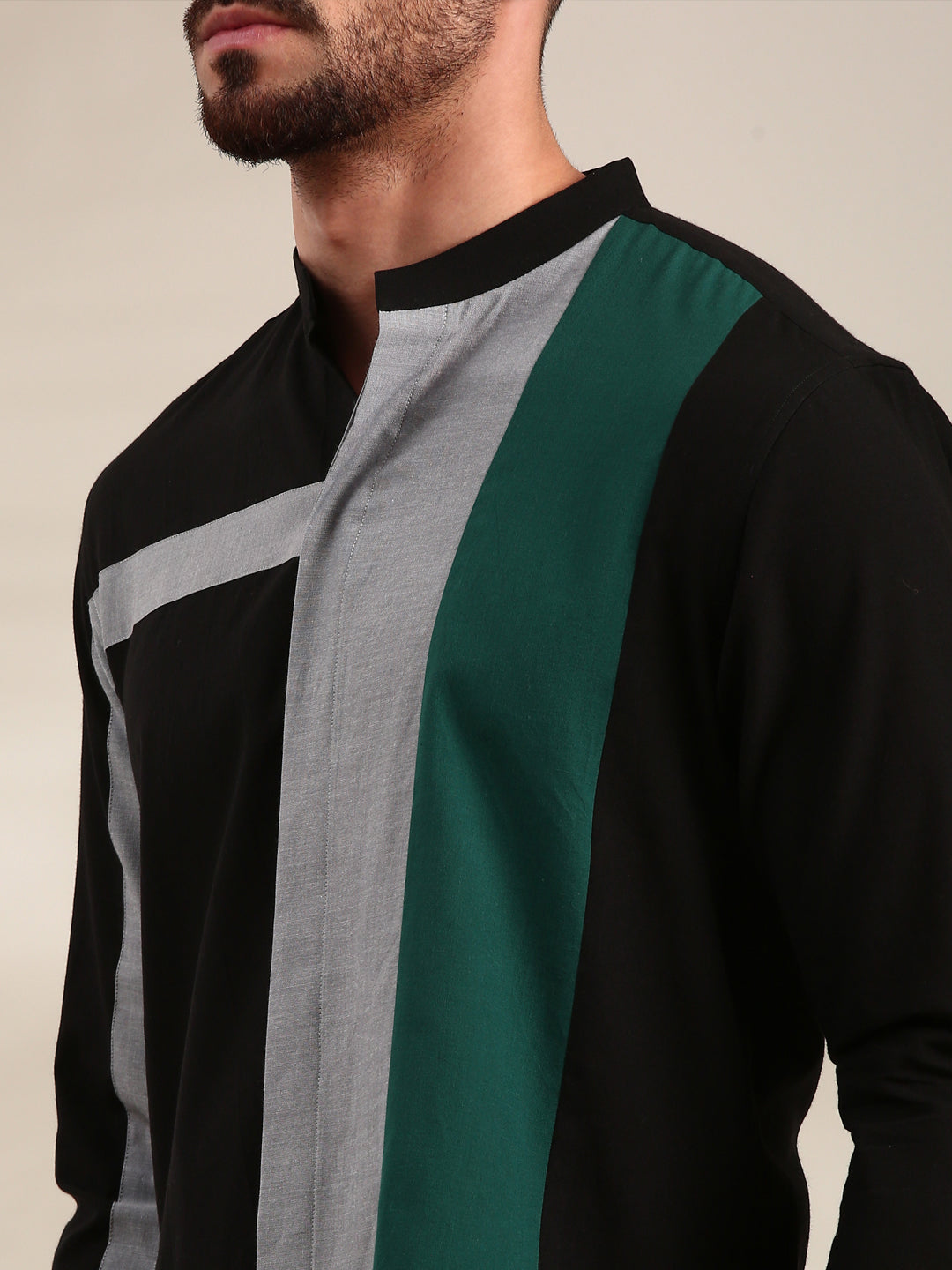 Black, Green & Light Grey Panelled Cotton Shirt