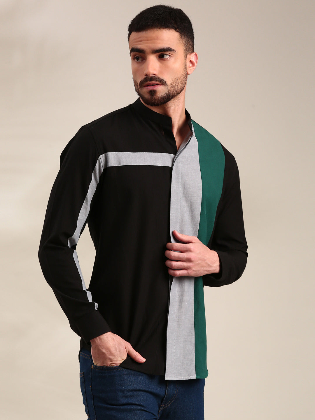 Black, Green & Light Grey Panelled Cotton Shirt