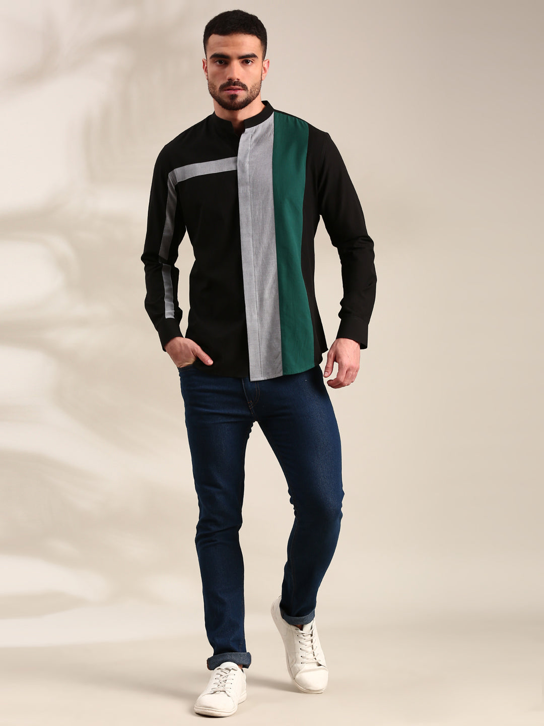 Black, Green & Light Grey Panelled Cotton Shirt