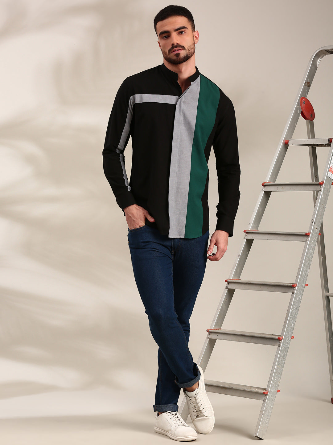 Black, Green & Light Grey Panelled Cotton Shirt