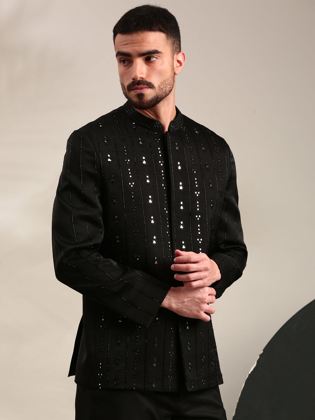 Black Slub Silk Embroidered Bandhgala