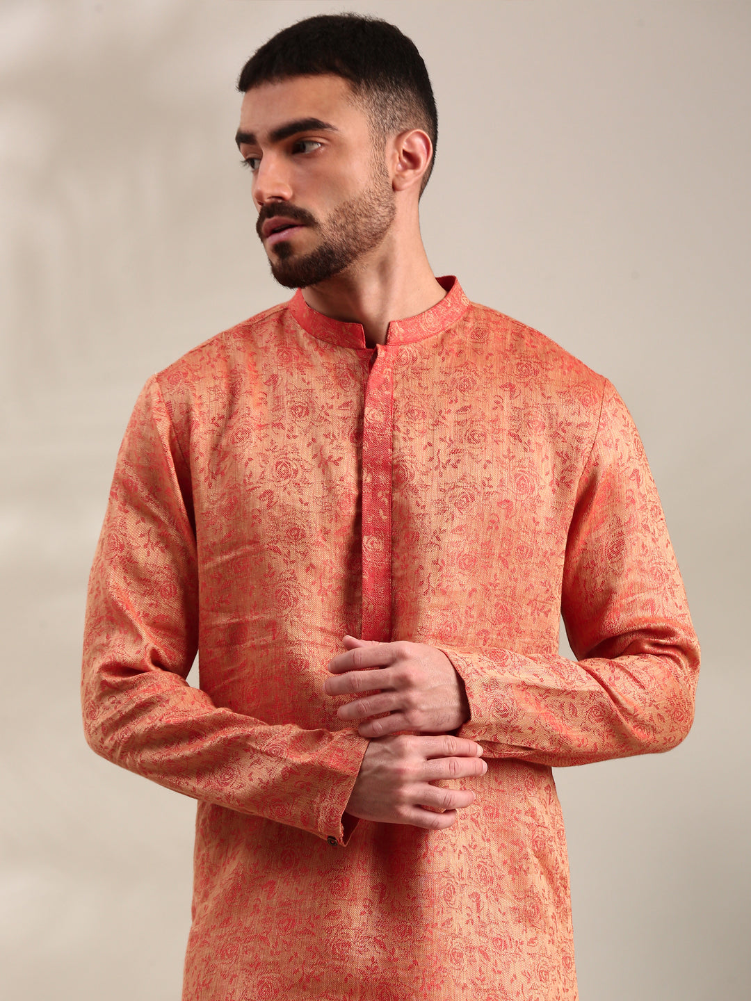 Orange Silk Jaquard Kurta Set