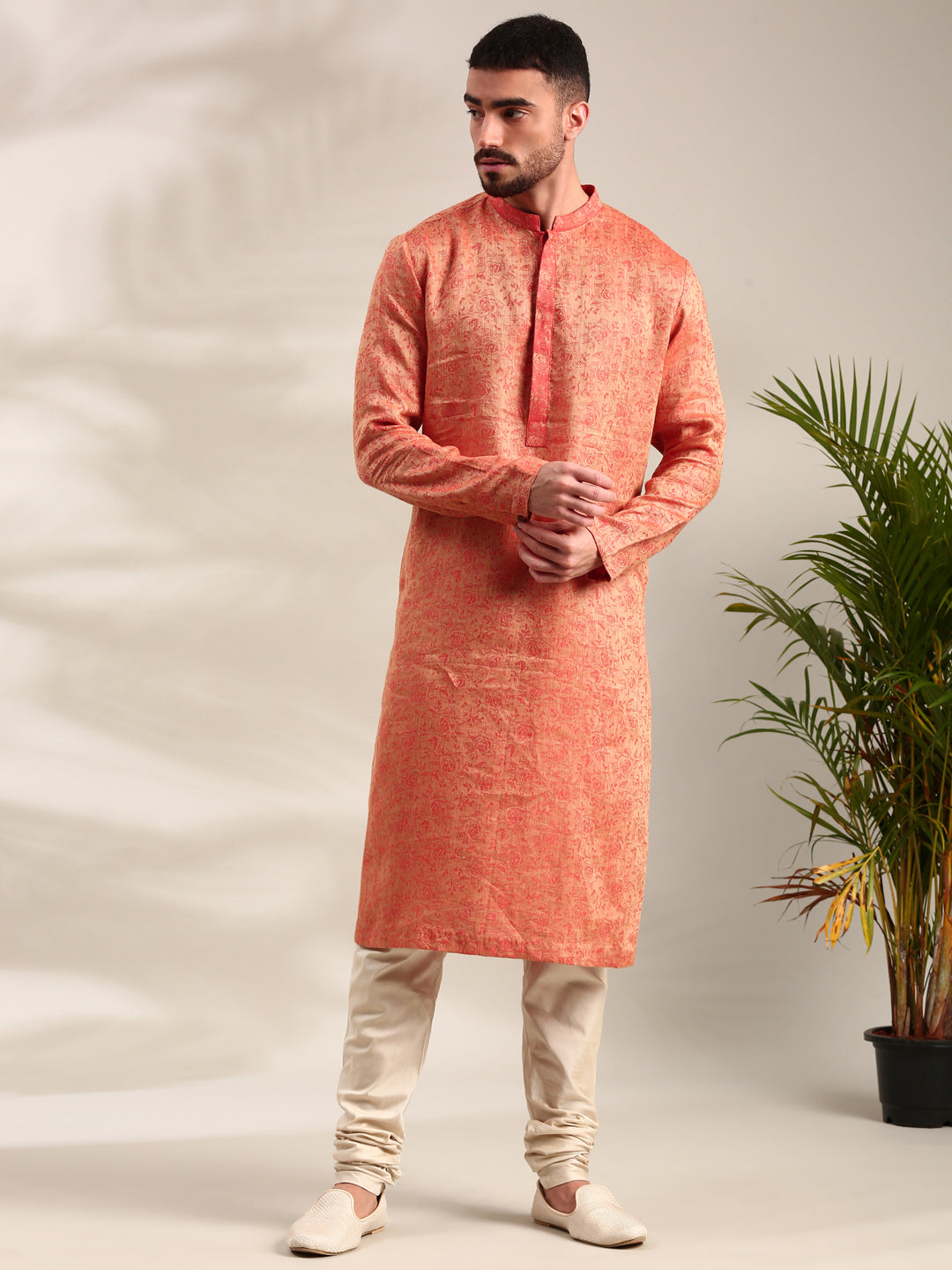 Orange Silk Jaquard Kurta Set