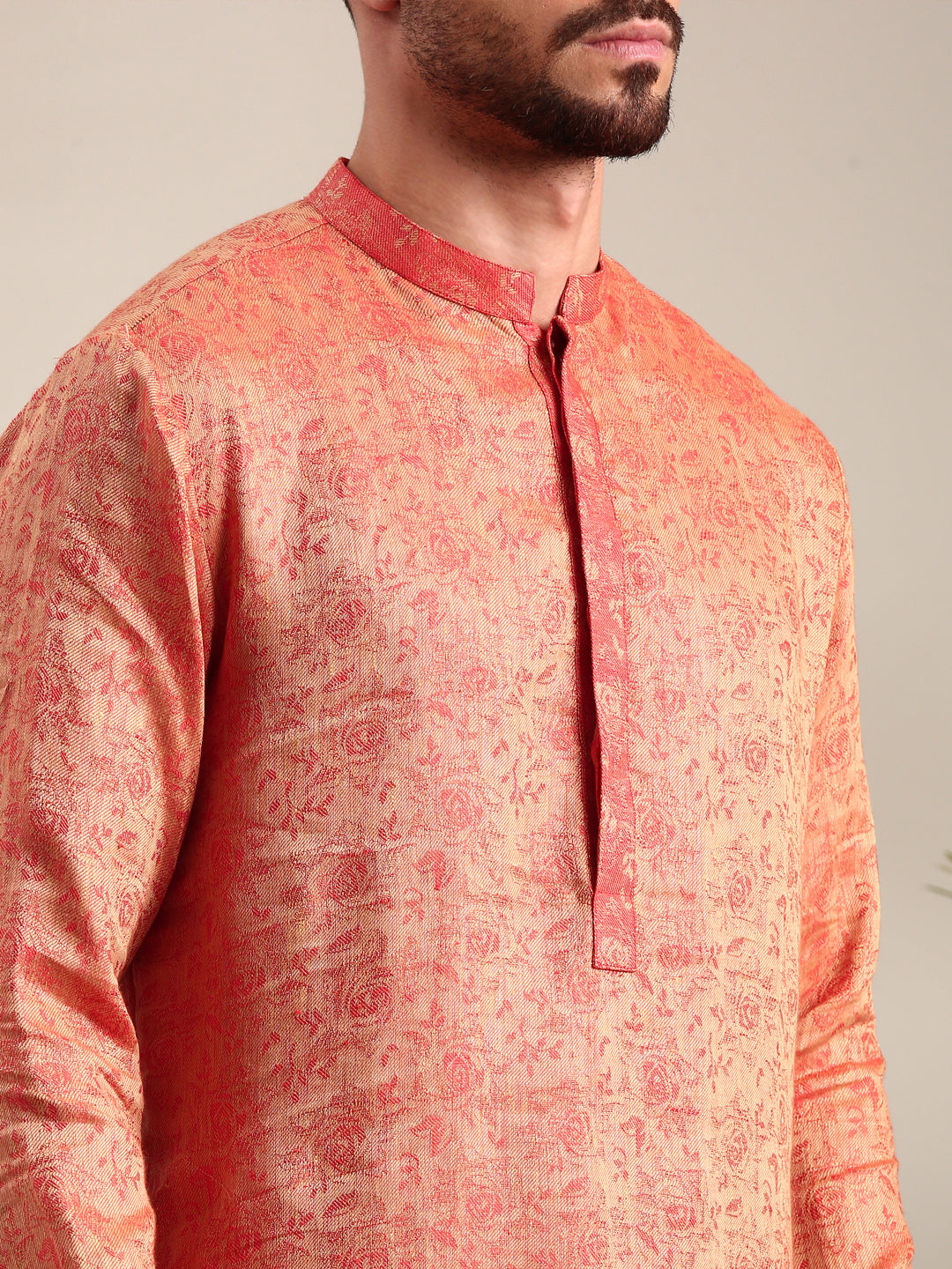 Orange Silk Jaquard Kurta Set